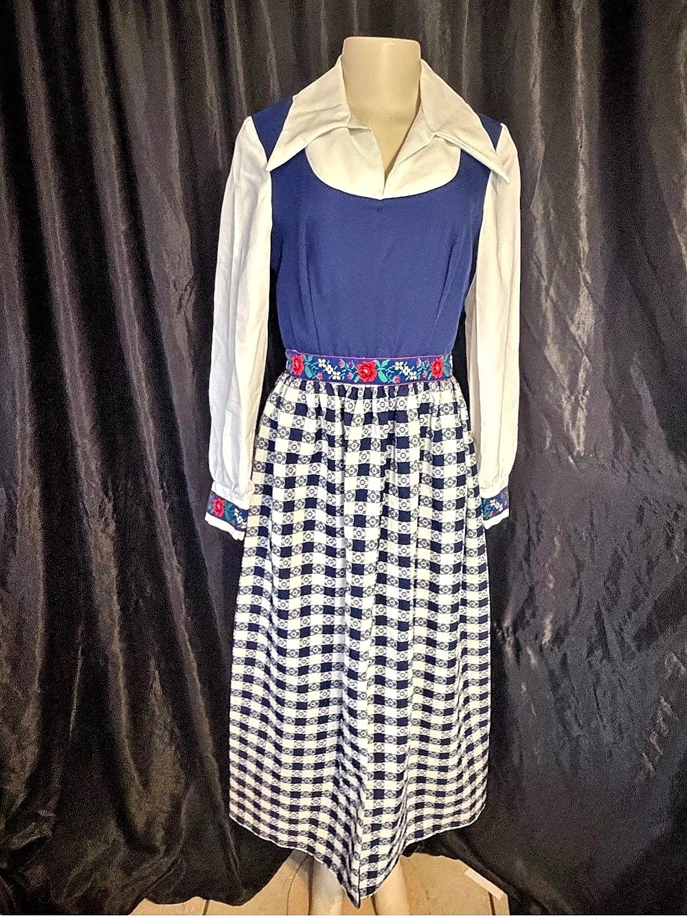 Vintage 70s Melissa Lane Blue & White Checkered Midi Dress